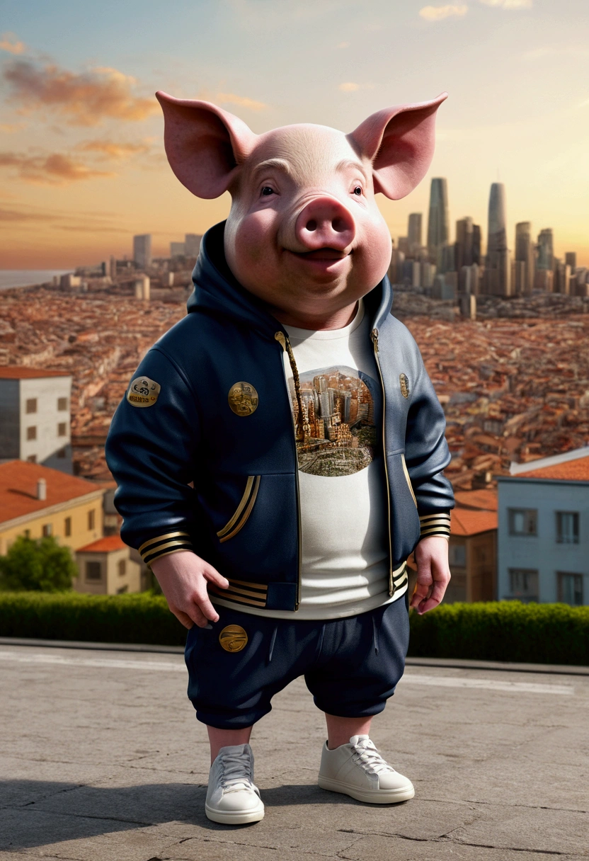 ((foto crua)), ((obra-prima)), Anthropomorphic humanoid pig wearing modern clothes, capuz, Pants, caminhando furiosamente entre as pessoas, detalhe intrincado, intricate Greebles pieces, city behind, small head, Ogro monstruoso, Titan, sneaker, soft-lighting, 32k, Hiper realista, The background details are exquisite，The scene is surreal，Create a charming graphic style