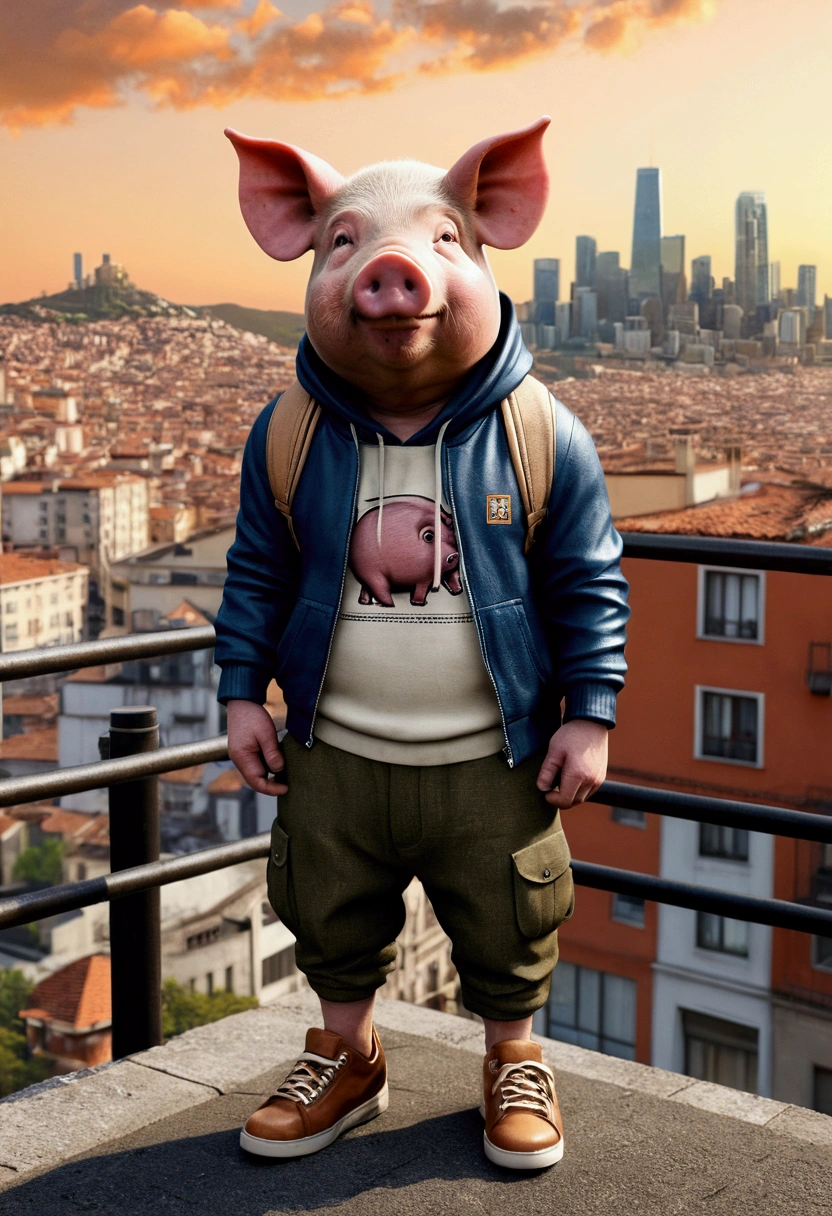 ((foto crua)), ((obra-prima)), Anthropomorphic humanoid pig wearing modern clothes, capuz, Pants, caminhando furiosamente entre as pessoas, detalhe intrincado, intricate Greebles pieces, city behind, small head, Ogro monstruoso, Titan, sneaker, soft-lighting, 32k, Hiper realista, The background details are exquisite，The scene is surreal，Create a charming graphic style