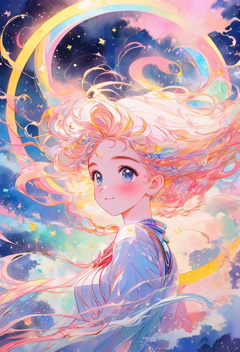 (oil:1.5), (Browsing Caution:1.2), a woman Joyfully twirling in the raining paint, Paint rain, Thick Painted Rainbow Hair, Body covered in paint, Joyful, ((software)), Calm expression, relaxed, A kind smile, (Clothing made from liquid paint)), 正面figure, (Sailor Moon style girl),figure, Vibrant colors, Magical atmosphere,Sparkling eyes,Long blonde hair,Anime Art,Smiling face,Cute pose,Space Background,Moonlit Night,Fantasy World,Shining Star,stylish outfit,tiara,Moon Scepter,Heart-shaped brooch,Wavy Hair,Flowing Ribbon,Powerful magical aura,The moonlight that shines on her,Sparkling details,Glowing transformation sequence,Peaceful and confident,Sailor, the guardian of love and justice,Inspired by the iconic animated series. Create an figure using the soft and ethereal qualities of watercolor. Beautiful pink skin anime model full body, Bask in the sun on a cloud that floats along the surface of the sun, Captivating eyes, dream-like巻き毛, Thick clouds in the background,, hyperdetailed, detailed, (masterpiece) . High Fashion, Gorgeous, Luxurious, stylish, , Gorgeous, grace, Stunning beauty, Professional, High Contrast, detailed, dream-like, Whimsical scenes with elements that seem to blend in with the background