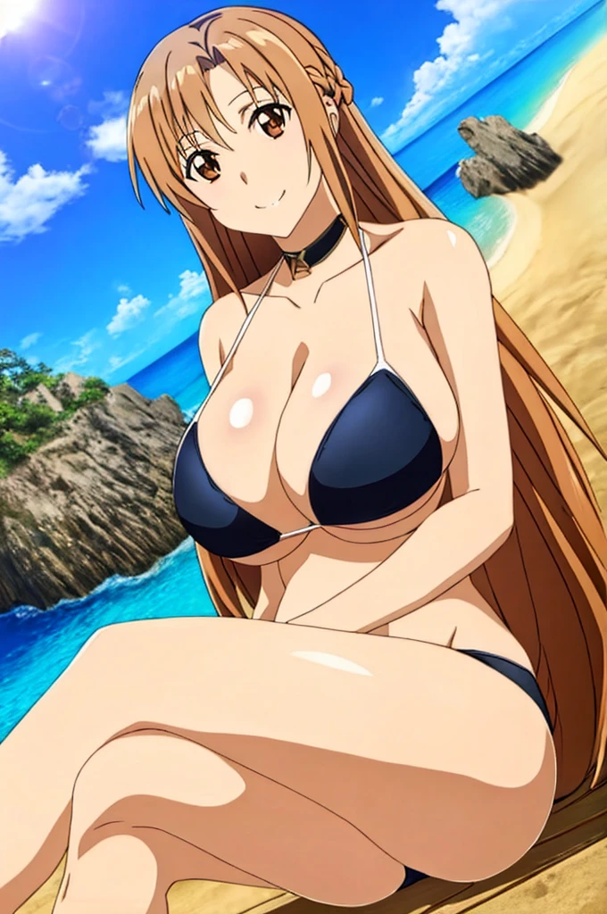asuna, solo, long_hair, brown hair, breasts, looking_at_viewer, smile, large_breasts, cleavage, bare_shoulders, sitting, very_long_hair, brown_eyes, collarbone, choker, crossed_legs, black underwear, from_below, breasts, large breasts, big breasts, huge breasts, big tits, giant breasts, small bikini, bikini, bare shoulders, bare arms, beach, ocean, underboob