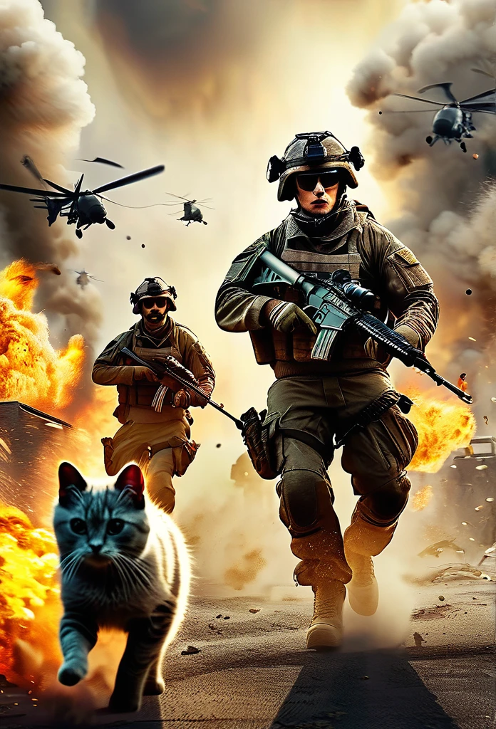 Cinematic, photorealistic, modern battlefield little dogs vs. humans, cats in modern camouflage combat uniform, battlefield combat, guns, shots, fire, smoke, explosion, flying parts, film grain, 8K, UHD, insanely detailed, image Award winning, epic composition, movie poster