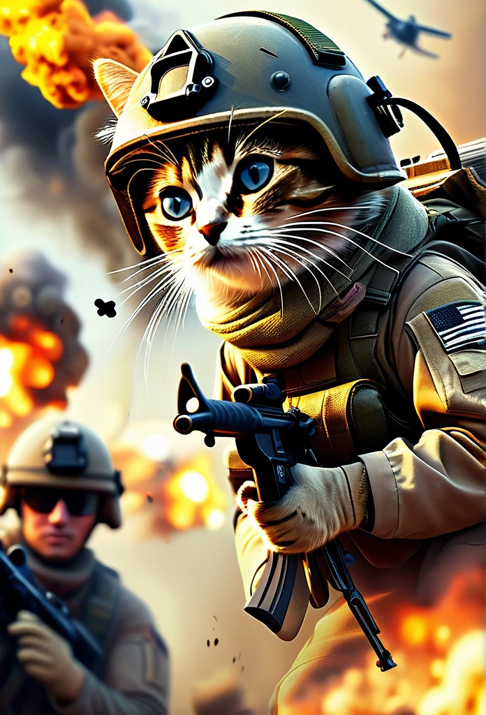 Cinematic, photorealistic, modern battlefield little dogs vs. humans, cats in modern camouflage combat uniform, battlefield combat, guns, shots, fire, smoke, explosion, flying parts, film grain, 8K, UHD, insanely detailed, image Award winning, epic composition, movie poster