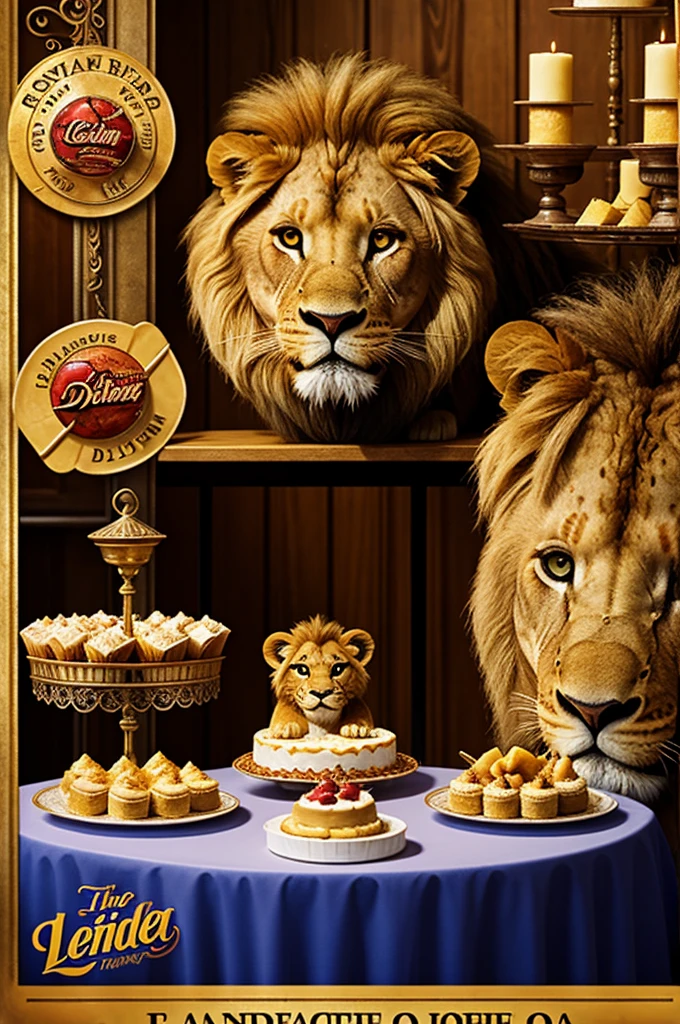 Pixar-style poster of a baby lion with a dessert table and the title "Leonel"