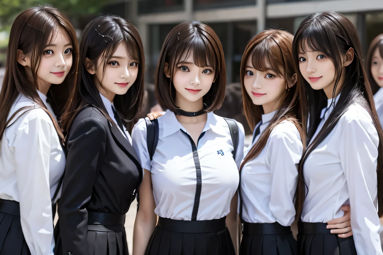 Highest quality, masterpiece, Idol Group、((Layered Haircut)),（8k，Highest quality），Full Body Shot，Shot from medium distances，School Classroom，student，class，class，White open-collar shirt、Wear a JK skirt，Full body photo、 adorable， smile， length, Brown Hair， 32k, Best image quality，Ultra-high resolution，Perfect hands，Black choker、blue eyes、bangs、Very profuse and very long eyelashes、uniform, University campus、Summer clothes、((Big Breasts))、Short Bob Hair