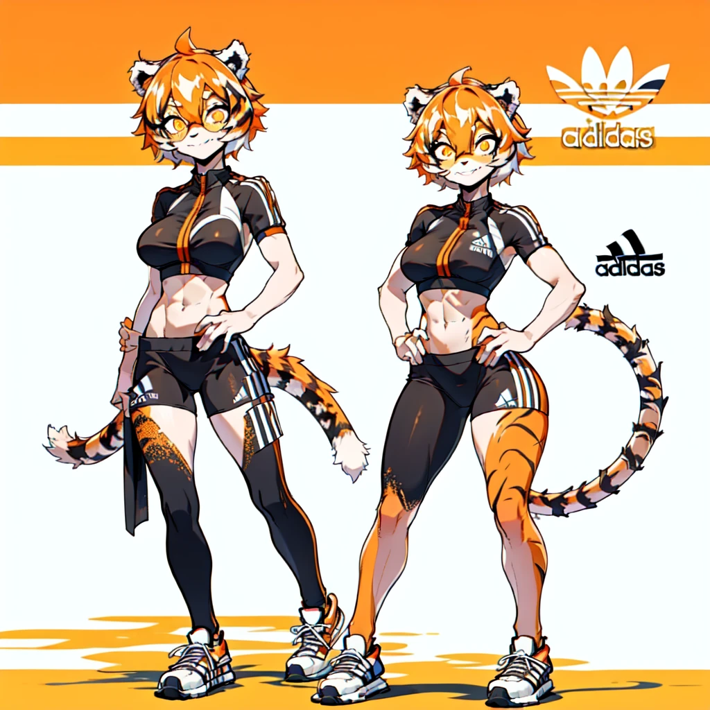 white background, full body, ((furry female:1.2)), Standing, animal ears, white hair, black hair, short hair, large breasts, muscle, tail, orange eyes, orange hair, multicolored hair, tiger girl, hair between eyes, tiger_ears, tiger_tail, orange-tinted_eyewear, tinted_eyewear, big breasts, evil smile, Shadows under feet, Abdominal muscles, (((Adidas outfit:1.2))),jk style
bags under eyes,eyeliner,makeup，cutout breast