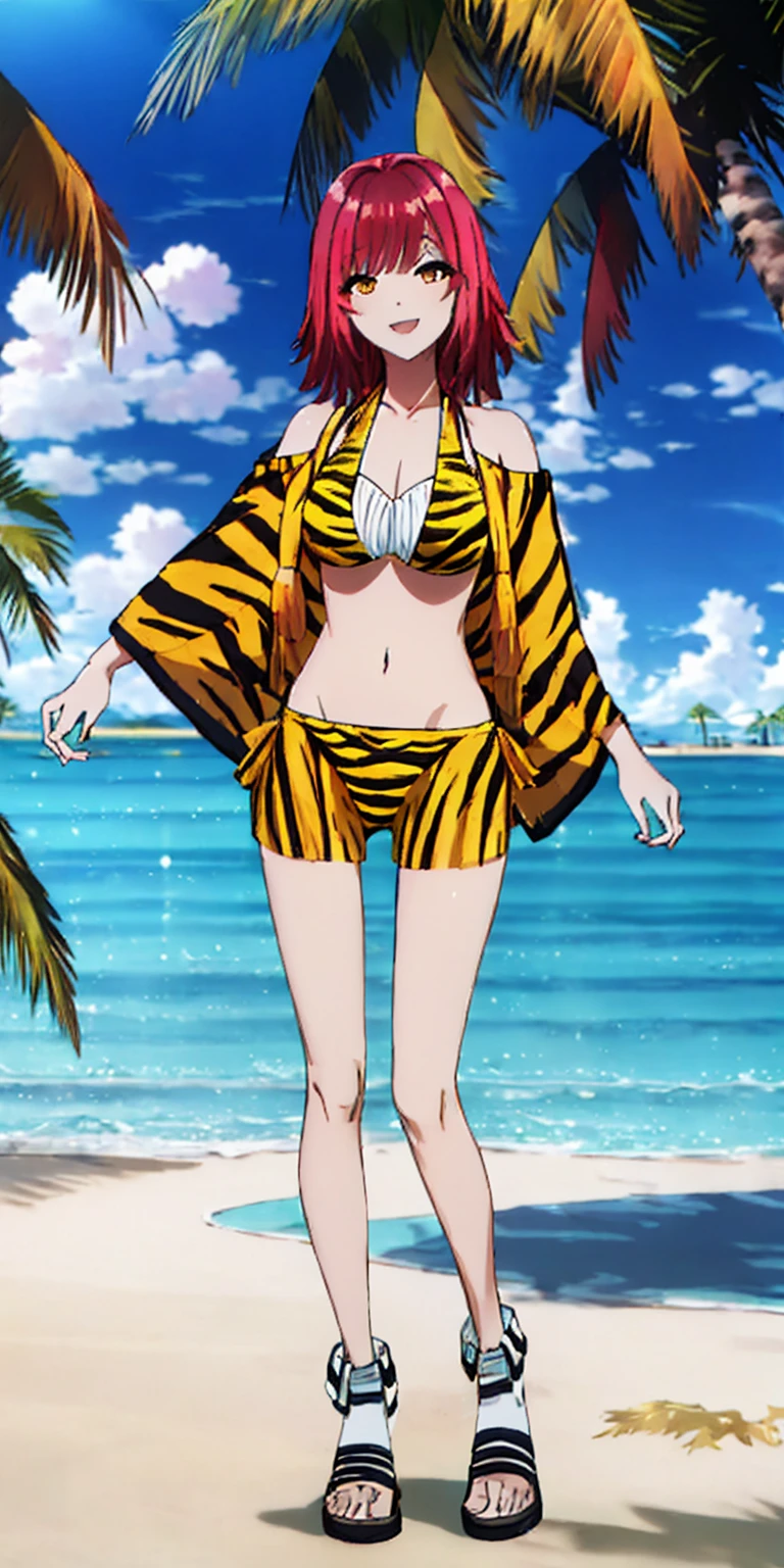 Subject: Woman in yellow tiger print bikini Additional details: Activity: Standing confidently on a beach or a poolside. Background: Sunny day with clear skies (add palm trees for a beach setting). Expression: Smiling and having fun. Pose: Full body shot that is flattering and appropriate for swimwear.