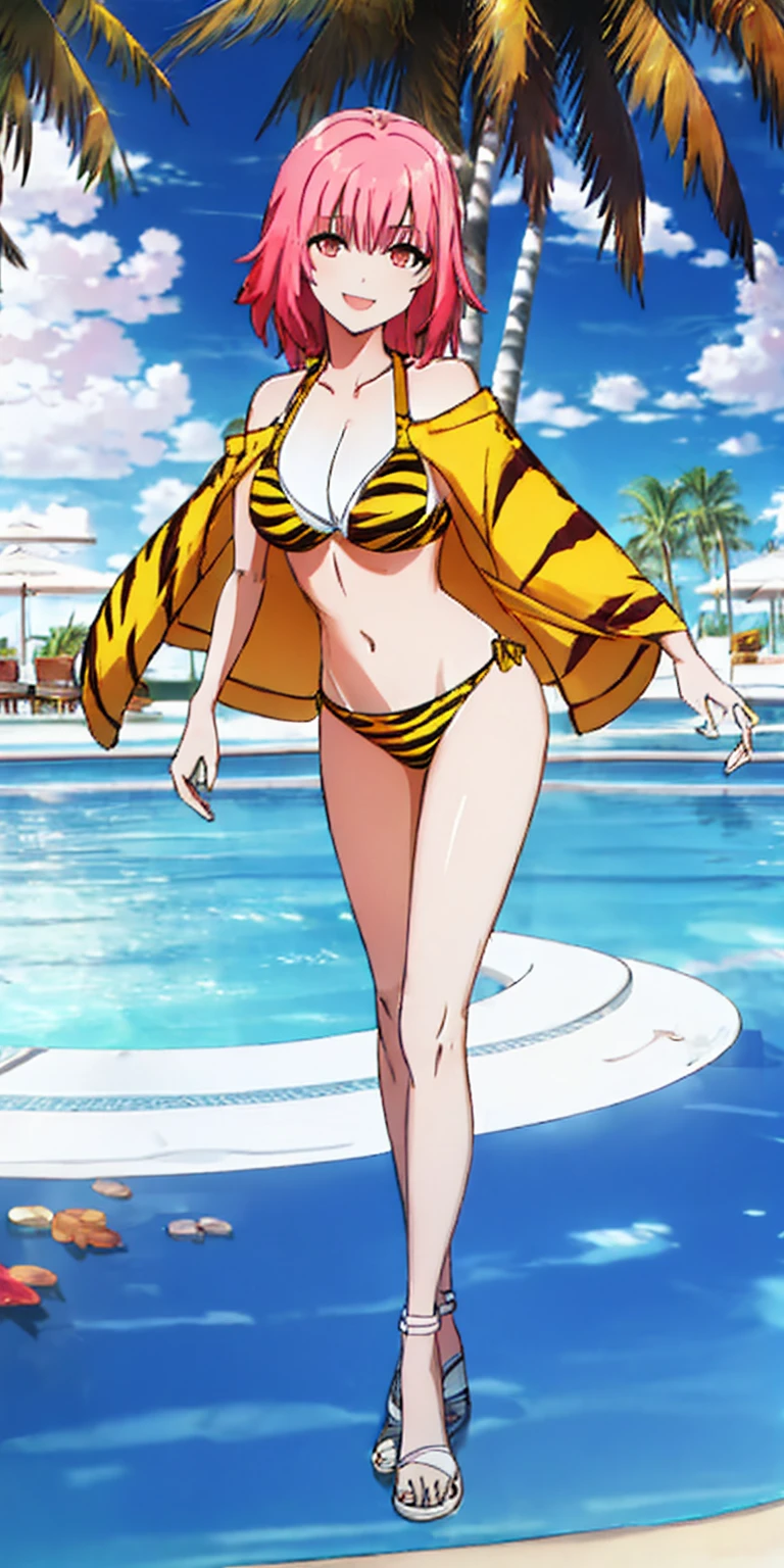 Subject: Woman in yellow tiger print bikini Additional details: Activity: Standing confidently on a beach or a poolside. Background: Sunny day with clear skies (add palm trees for a beach setting). Expression: Smiling and having fun. Pose: Full body shot that is flattering and appropriate for swimwear.