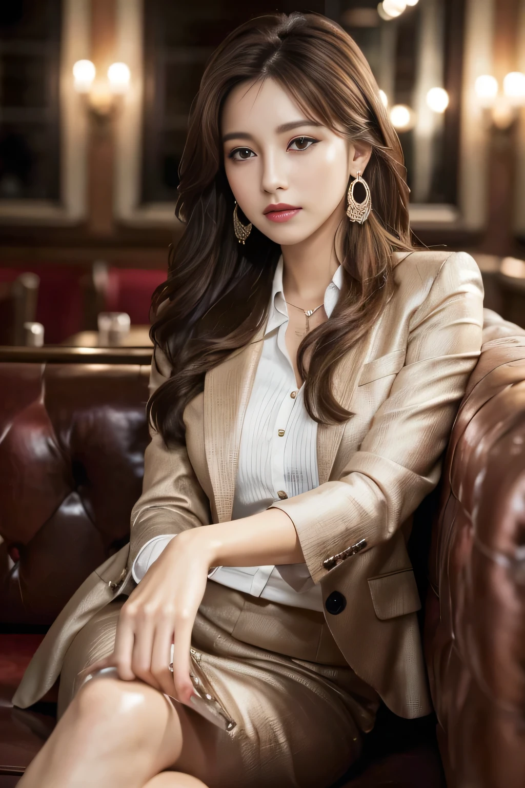 masterpiece, Highest quality, Realistic, Very detailed, Finer details, High resolution, 8k wallpaper, One beautiful woman, Wear a nice suit, In a great restaurant, At night, Light brown messy hair, Perfect dynamic composition, Beautiful and beautiful eyes、Big earrings、Sit on the sofa、