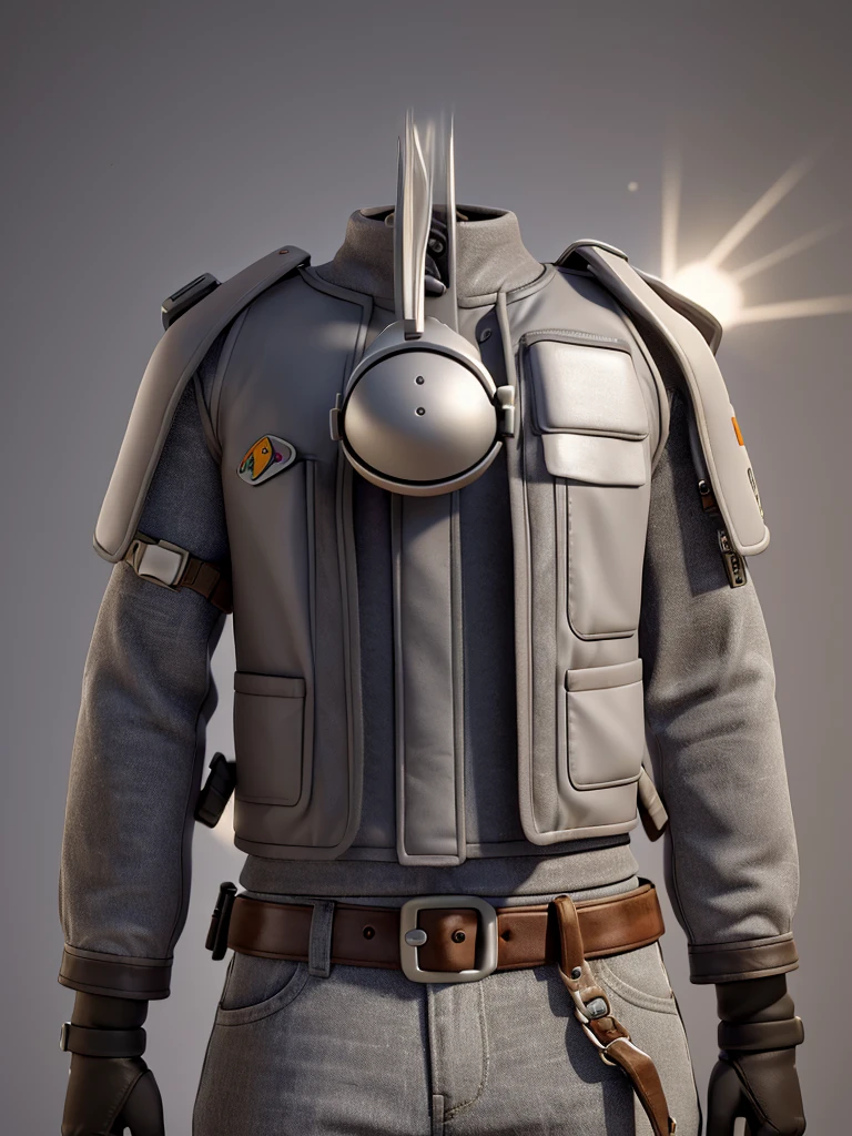 "Create an image of a light gray donkey wearing a motorcycle vest. The vest must have details typical of motorcyclists, such as badges and patches. The scene must be simple to highlight the donkey and its vest."