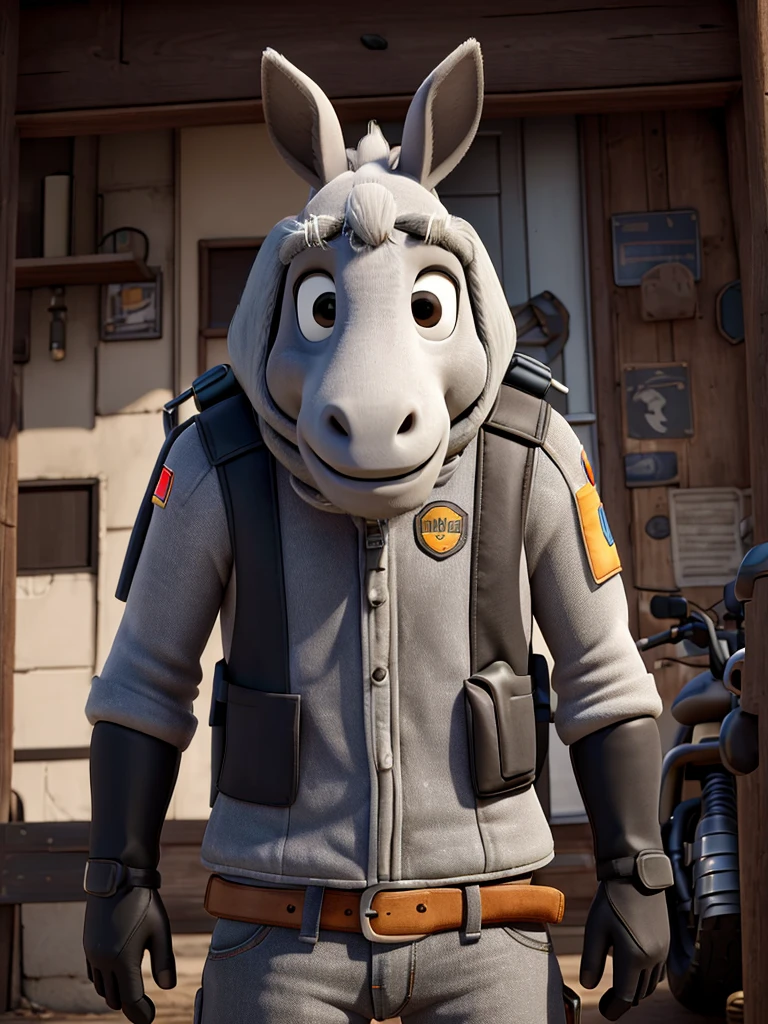 "Create an image of a light gray donkey wearing a motorcycle vest. The vest must have details typical of motorcyclists, such as badges and patches. The scene must be simple to highlight the donkey and its vest."