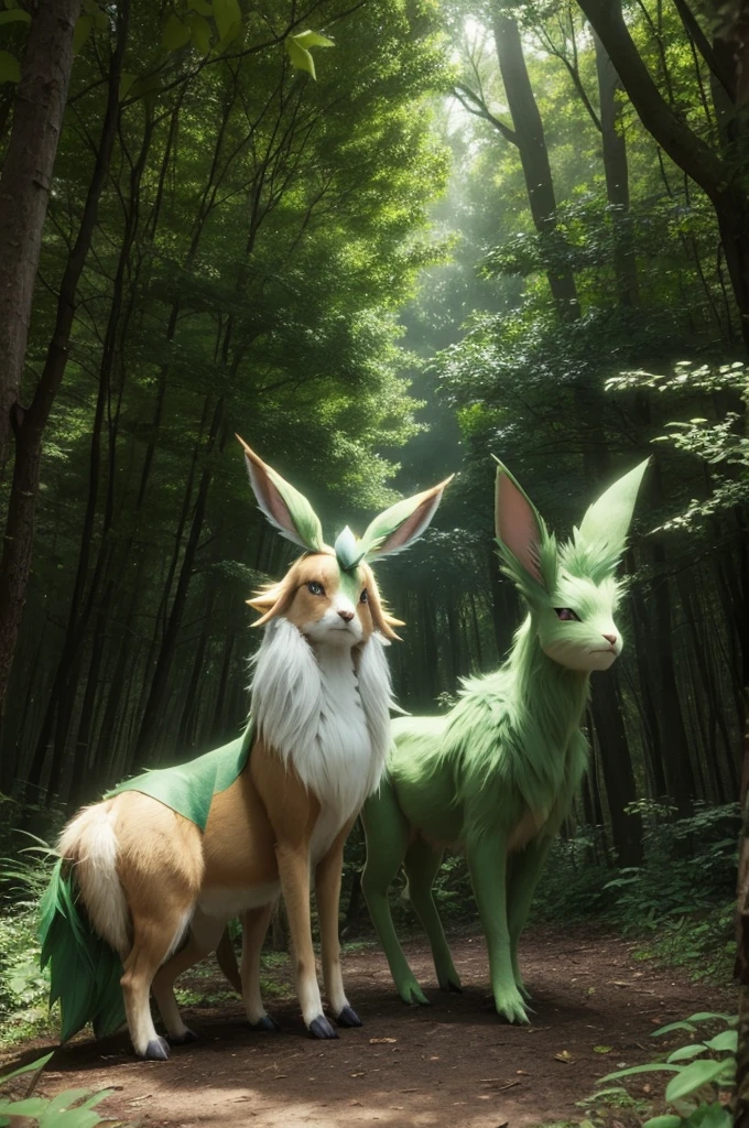 Pokémon leafeon with Eevee in a realistic forest