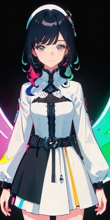 (Bblack hair,colorfully fluorescence multicolored hair:1.5,wavy hair:1.5), (work of art, sidelights, Exquisite beautiful eyes: 1.5), work of art*portraite, realisitic, ((Colorful background of different colors:1.5)),(rosto gentil:1.5),colorfully,3d face,(cute face),from front view: 1.6、 (eerie glowing red eyes:1.2),(tareme:1.5)、(cute smile:1.5),,Fine body, shiny hair, shining skin: 1.5、medium breasts,、standing alone,(stare)、(two tone dress:1.5)、(character focus:1.5、bring、eye focus,cowboy shot)、Bright Atmosphere,details Intricate