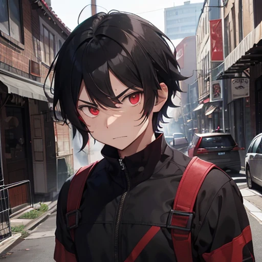 21 year old young man, angry appearance, in black and red ninja mask, Eyes red, blackw, wavy short hair, Caucasian skin, clothes worn out by time, a red sword on the back, 1,78 tall.