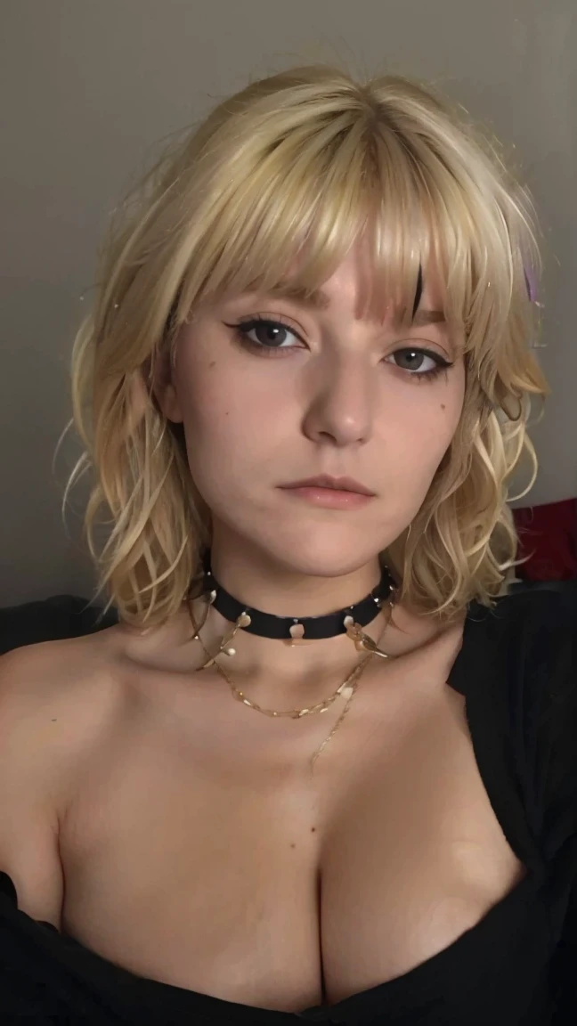 Leina, bicolor hair, left side of her hair dyed in blonde, right side of her hair dyed in black, annoyed, , looking at the camera , , ,nude,  , , exhaust, ,  ,in her bed,  , medium hair, close up , showing her breasts , tits