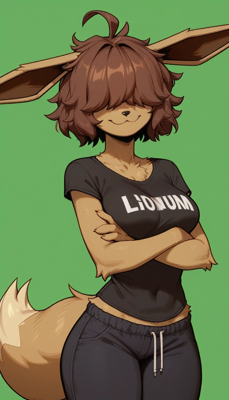 Excited expression, 1girl, anthro, furry, fur, fluffy fur, eevee girl, brown hair, short hair, messy hair, (19 years), medium breast, thicc thighs, solo, (green background), detailed, smug smile, (hair covering eyes), black shirt, baggy pants (black pants), looking at the viewer, crossed arms, score_9, score_8_up, score_7_up, score_6_up, score_5_up, score_4_up