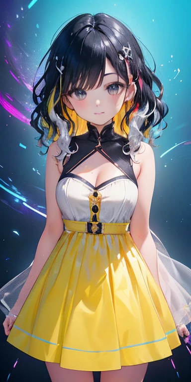 (Bblack hair,colorfully fluorescence multicolored hair:1.5,wavy hair:1.5), (work of art, sidelights, Exquisite beautiful eyes: 1.5), work of art*portraite, realisitic, ((Colorful background of different colors:1.5)),(rosto gentil:1.5),colorfully,3d face,(cute face),from front view: 1.6、 (eerie glowing red eyes:1.2),(tareme:1.5)、(cute smile:1.5),,Fine body, shiny hair, shining skin: 1.5、medium breasts,、standing alone,(stare)、(two tone dress:1.5)、(character focus:1.5、bring、eye focus,cowboy shot)、Bright Atmosphere,details Intricate