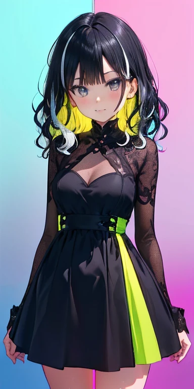 (Bblack hair,colorfully fluorescence multicolored hair:1.5,wavy hair:1.5), (work of art, sidelights, Exquisite beautiful eyes: 1.5), work of art*portraite, realisitic, ((Colorful background of different colors:1.5)),(rosto gentil:1.5),colorfully,3d face,(cute face),from front view: 1.6、 (eerie glowing red eyes:1.2),(tareme:1.5)、(cute smile:1.5),,Fine body, shiny hair, shining skin: 1.5、medium breasts,、standing alone,(stare)、(two tone dress:1.5)、(character focus:1.5、bring、eye focus,cowboy shot)、Bright Atmosphere,details Intricate