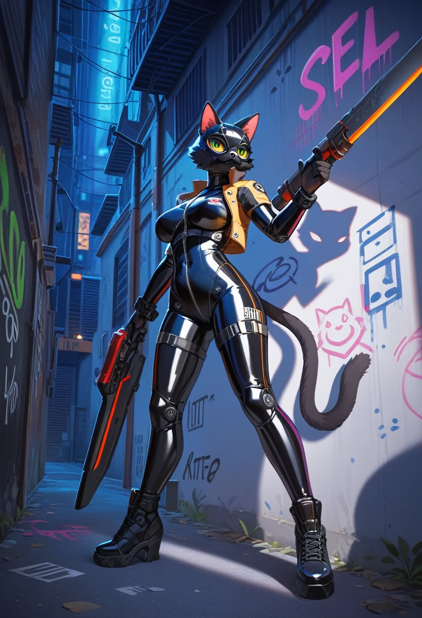 animation, Highest quality, Highest quality, High quality illustrations, masterpiece, Ultra-high resolution, Detailed Background, Alley, night, Graffiti art on the wall, Absurd, Perfect Anatomy, performance, Good lighting, Shadows in the movies(kemono, Furry PersonifiCation), Cat, woman, Black Skin, Rubber suit, latex, neon, neonライト, neonカラー, Bodysuits, Cyber Suit, Mech Suit, Rubber Half Jacket, cyber punk, Blade Runner, Holding a blade, Rubber Mask