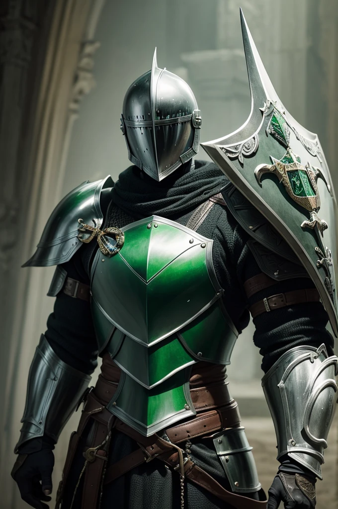 A knight in sturdy armor, with green and black details. Must have a shield with a hawk
