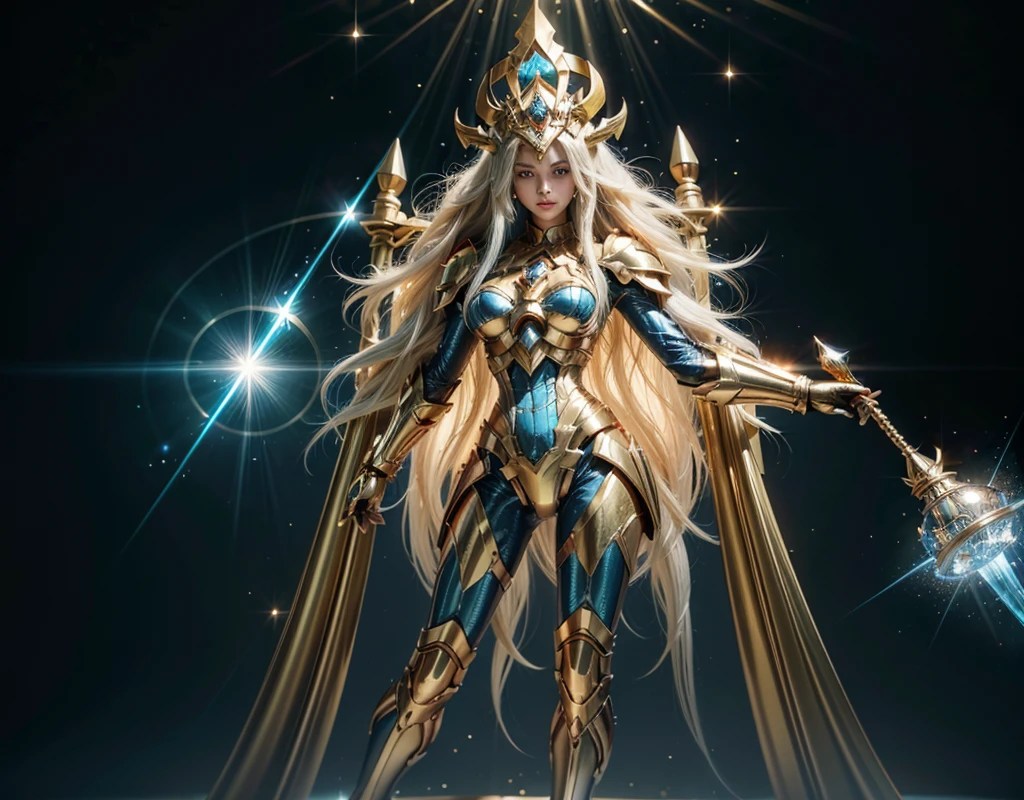 women attractive face beautiful full body, legs thick, hips. goddess with long white hair, ultra detailed eyes, on your head golden crown, wearing a blue suit of iron home style paladin powers, futurist. Armadura templária com detaileds de ouro fino, one in one hand holding a staff with large shining crystal at the tip of the staff, detaileds: 1.2) 4K Ultra HD, slr digital, soft lighting, high qualiy