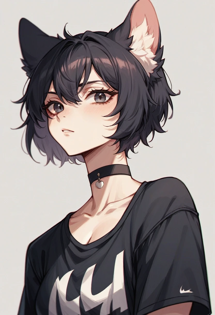 Fluffy cat in Nike clothes with a languid look, прической wolf cut, choker
