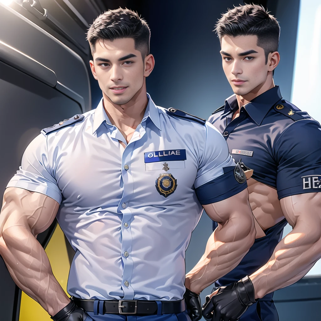 handsome man,(crew cut short hair:1.2),black eye,smile,open mouth (navy police uniform:1.2),(shirt short sleeves:1.2),collar,(shirt covered over:1.2),(name tag and Police badge:1.3),(shirt no buttons:1.1),(black_gloves:1.3), (Navy blue cargo:1.2),Korean guy,korean men,(High gloss details),(chest muscles:1.2),(large arm muscles:1.2),blood vessel,Big muscles,Broad shoulders,looking at the audience,Balancing the eyes,middle of the road,(stage:1.2),Sunglasses,scar on the eye 