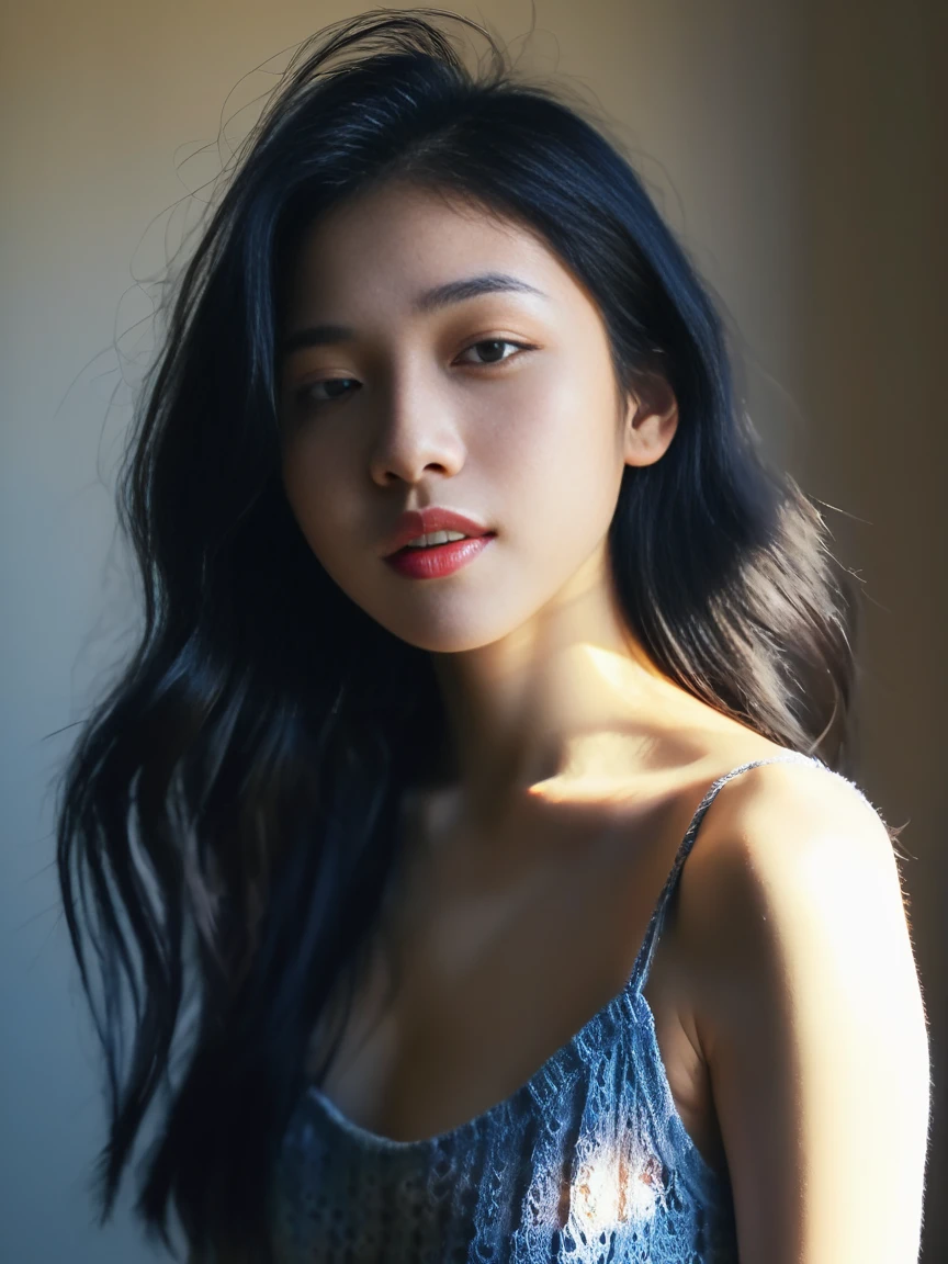 dark,caustics,colorful,gorgeouslightandshadow,fullbody,Thegirl'spaleskin,herlipsareslightlyopentorevealherteeth,andherblueeyesareblurryanddreamy.mottledlightandshadow,portrait,black_hair,