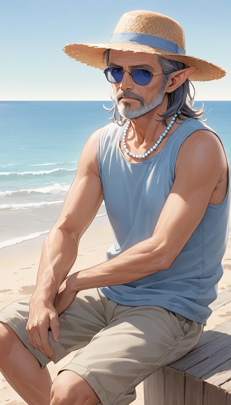 **Prompt:**
Create an image of a serene beach at dawn with pastel hues in the sky, transitioning from pink to orange. A weathered fisherman in his early 50s, with tanned, textured skin, gray tousled hair, and a short beard, sits contentedly in a faded blue t-shirt, khaki shorts, and a straw hat. Nearby, a clean-shaven businessman in his mid-40s, with neatly styled dark hair, fair skin, and wearing a crisp white shirt, navy trousers, and brown shoes, looks curious and perplexed. Add an elf woman with pointy ears, long blue hair with bangs, perfect eyes, a bead necklace, summer knitwear, and sunglasses. The image should be in high quality, highres, with super details, and 4k resolution.