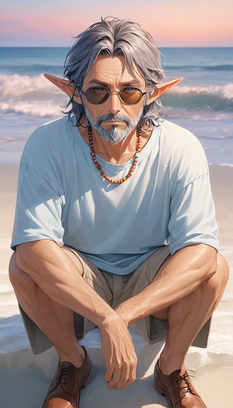 **Prompt:**
Create an image of a serene beach at dawn with pastel hues in the sky, transitioning from pink to orange. A weathered fisherman in his early 50s, with tanned, textured skin, gray tousled hair, and a short beard, sits contentedly in a faded blue t-shirt, khaki shorts, and a straw hat. Nearby, a clean-shaven businessman in his mid-40s, with neatly styled dark hair, fair skin, and wearing a crisp white shirt, navy trousers, and brown shoes, looks curious and perplexed. Add an elf woman with pointy ears, long blue hair with bangs, perfect eyes, a bead necklace, summer knitwear, and sunglasses. The image should be in high quality, highres, with super details, and 4k resolution.