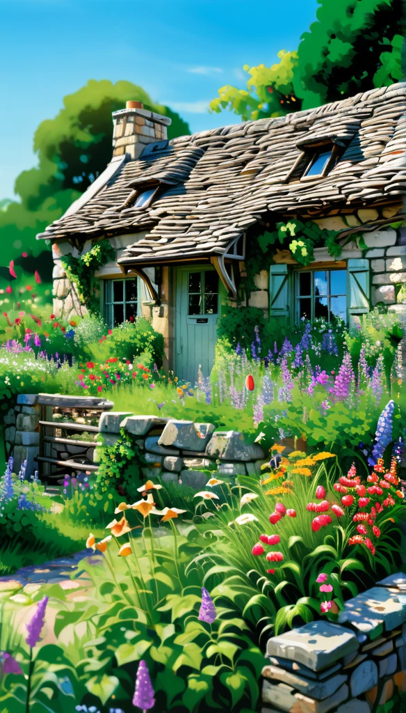 A rustic, vine-covered stone cottage surrounded by lush gardens and wildflowers, idyllic, high detail, countryside