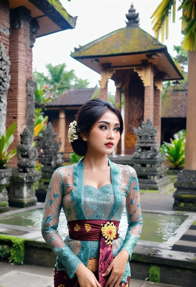 Illustrate a beautiful girl close up dressed in kebaya, set against the backdrop of a Balinese temple. Ensure that the image is photorealistic and of top-quality 8K HDR, capturing every intricate detail of the scene, big breast, .,kebaya,kebaya indonesia,p3rfect ,cleavage