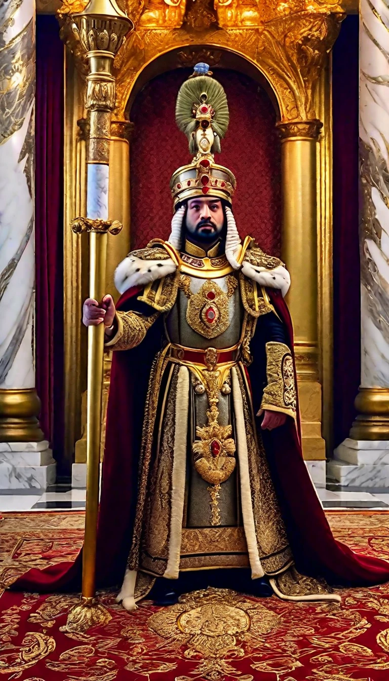In the throne room, the king sits elevated on a golden, jewel-encrusted throne, exuding power and wealth with his majestic royal attire, including a radiant crown and a velvet mantle. He speaks with authority to his subordinates, who stand in two rows before him, forming a central aisle leading directly to the throne. The subordinates, dressed in a variety of noble and courtly garments, listen attentively. Royal guards, clad in shining armor and holding tall spears, stand vigilantly on either side of the throne. Advisors and nobles, some holding scrolls or books, are positioned closer to the king, ready to offer counsel or await their turn to speak. The room is softly lit by golden chandeliers and wall lamps, creating a solemn and majestic atmosphere. Rich tapestries depicting battles and victories adorn the walls, while marble columns and luxurious carpets complete the grand setting.