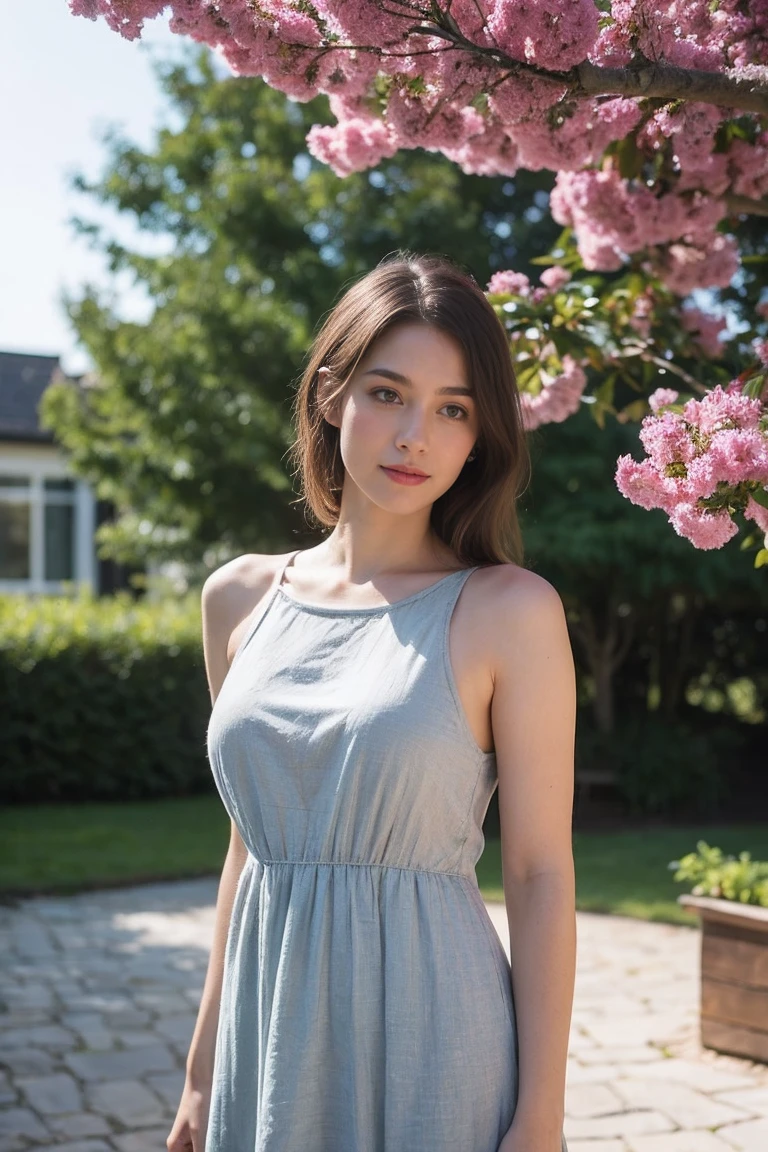 A beautiful woman with light delicately filtering through her hair, her summer dress is beautiful and she's standing in front of a cottage