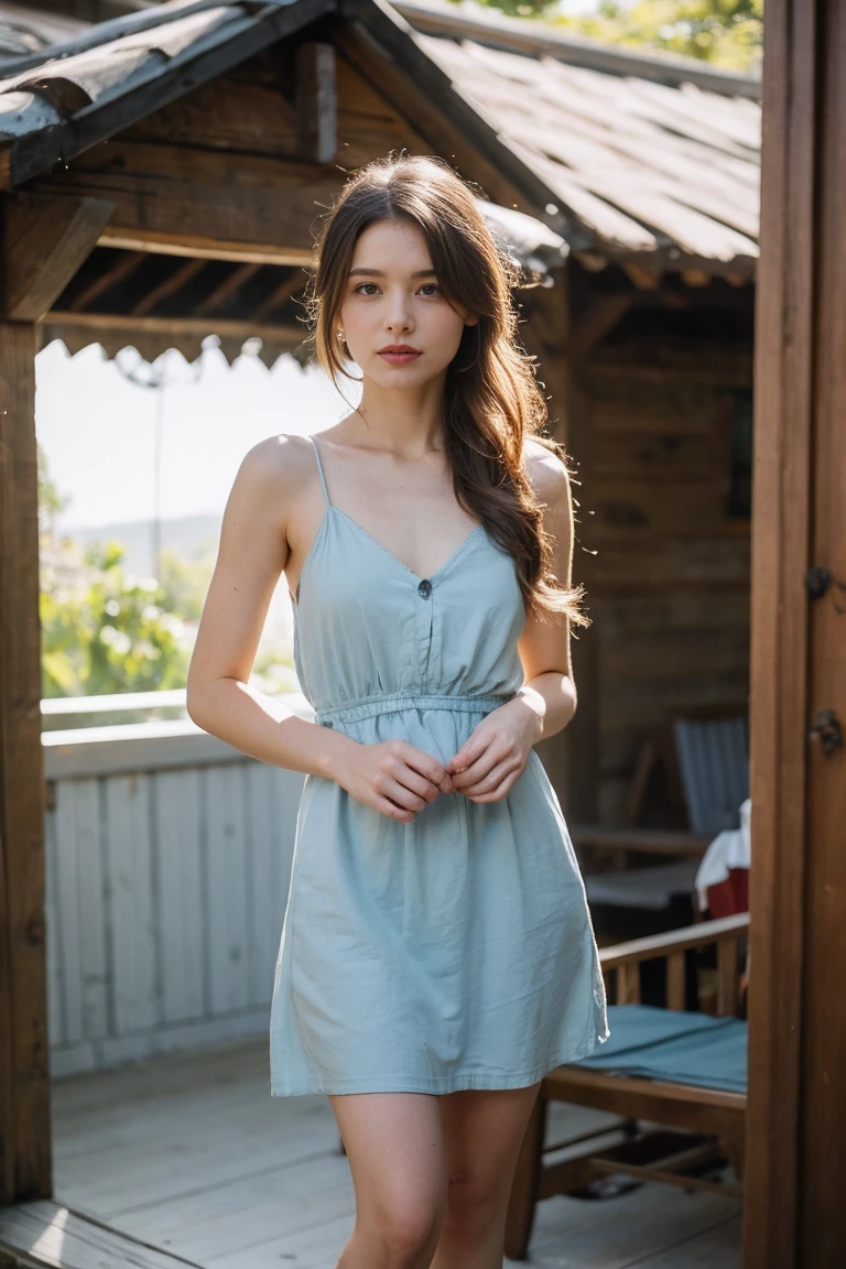 A beautiful woman with light delicately filtering through her hair, her summer dress is beautiful and she's standing in front of a cottage