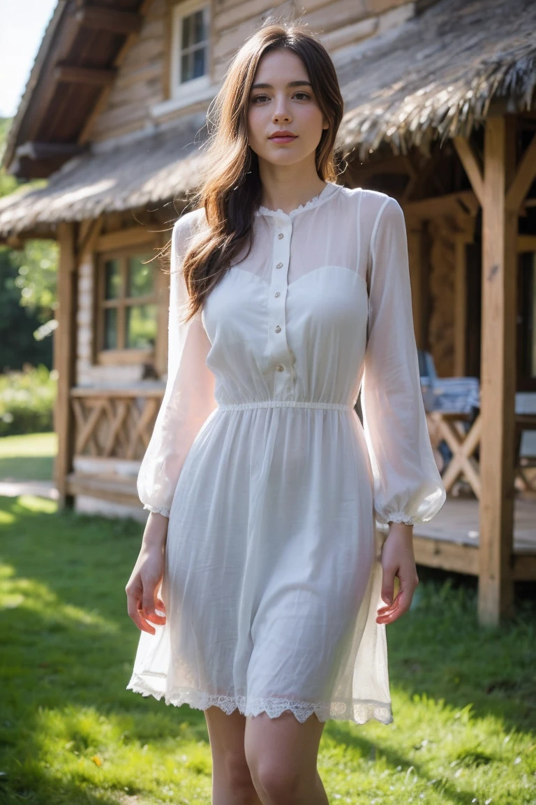 A beautiful woman with light delicately filtering through her hair, her summer dress is beautiful and she's standing in front of a cottage