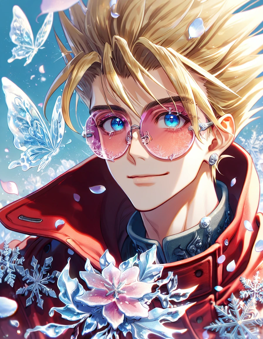 Ultra detailed, HDR, Highres, absurdres, master piece, Vash Stampede, blonde spiked hair, expressive blue eyes, amber round sunglasses, red trench coat, Trigun, handsome, ice glittering butterflies, ice, petals, ice pink glass flowers, glittering, fantasy, magical, snowflakes, cold, handsome smile, solo,