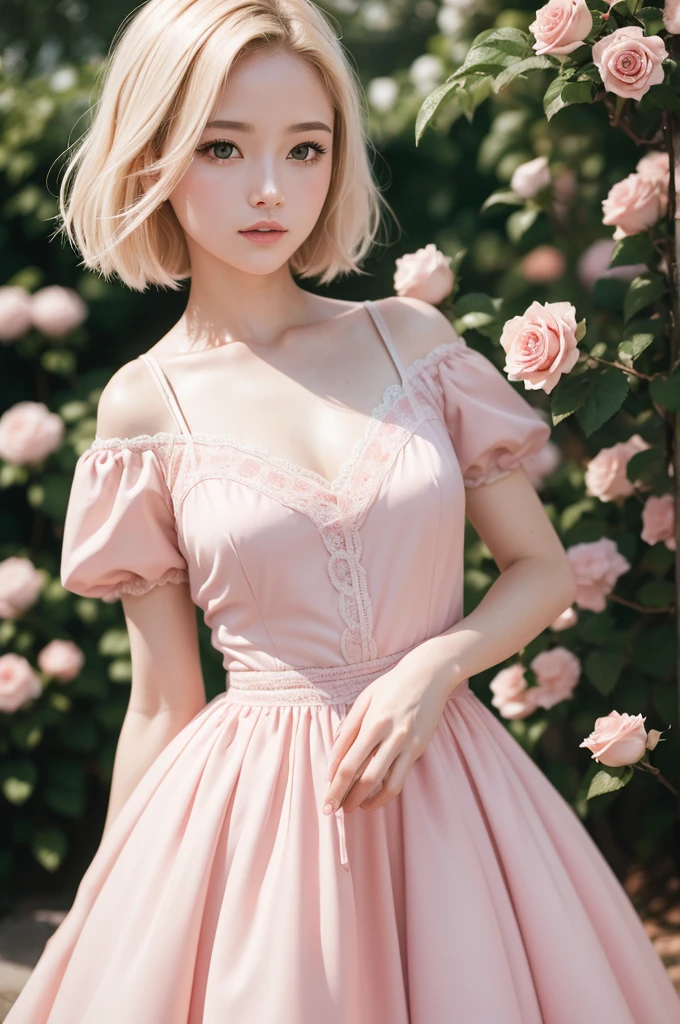 8k, CRU photo, Fujifilm, style photo of a beautiful young woman like Avril in a light pink rose garden (highly detailed skin: 1.2) Style-Petal BREAK short hair, blonde hair with colored highlights, wearing a dress, film grain, 35mm, cute style