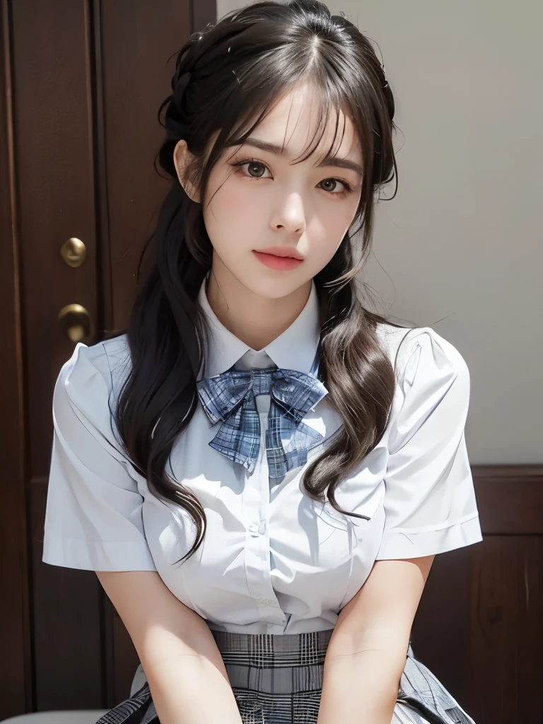 (masterpiece:1.2, Highest quality), (Realistic, photoRealistic:1.4), Beautiful illustrations,
View your viewers, whole body, Front view:0.6,
1 girl, Japanese, high School girl, (Long Hair:1.5), Let your hair flutter, (Half Up, Half Updo), bangs, Hair between the eyes, Large Breasts:0.8,
Beautiful Hair, Beautiful Face, Beautiful attention to detail, Beautiful clavicle, Beautiful body, Beautiful breasts, Beautiful thighs, Beautiful feet, Beautiful fingers,
(Beautiful views), , School,
((Collared short-sleeved shirt, White shirt, , Grey plaid pleated skirt, Blue checked bow tie)), White panties,
(Are standing, , Lift up your skirt, Grab the hem of your skirt, Place your hand on your chest, Place your hands between your legs),
blush, ,