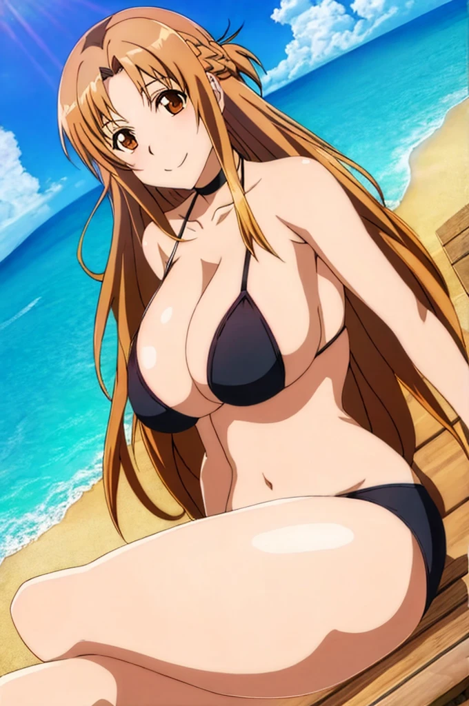 asuna, solo, long_hair, brown hair, breasts, looking_at_viewer, smile, large_breasts, cleavage, bare_shoulders, sitting, very_long_hair, brown_eyes, collarbone, choker, crossed_legs, black underwear, from_below, breasts, large breasts, big breasts, huge breasts, big tits, giant breasts, small bikini, bikini, bare shoulders, bare arms, beach, ocean, underboob