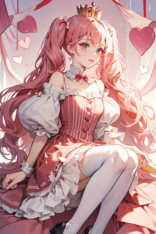 Queenie has fair skin with peach-pink heart shaped cheeks and normal black button eyes. Her hair is a light, pastel pink with curly pigtails composed of three, alternate-sized hearts to match the curly bangs of hair shaped like an upside down heart. A single red bow holds each pigtail, while on her head she wears a gold crown composed of three curly hearts.
Queenie wears a rich, red velvet dress with two pink heart-shaped buttons going down the chest. On each sleeve there are stripes of white, while each cuff is loose with many hearts cut out of the material. Printed on her skirt are many hearts of alternate sizes, with more tiny hearts cut out as lining. Under her main skirt layer is a straight white pleat layer to match the white pleated shawl around her shoulders. Her shoes consist of pink flats with red underneath and a bow and heart-piece at each toe. Also worn are white stockings with three red hearts near the top. SPARKLE; GLITTER