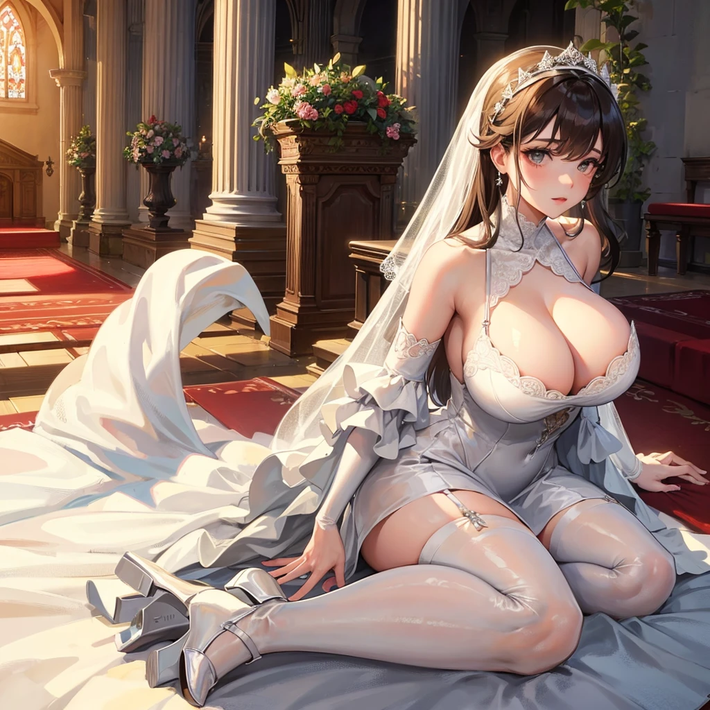 Girl with huge breasts in a micro wedding dress with a sexy lace neckline in the church park