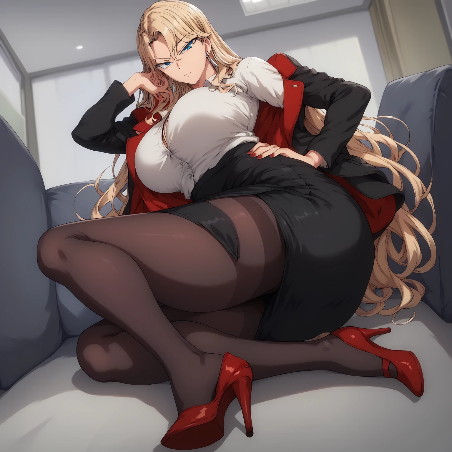 solo, ReikaKurashiki,1girl,blonde hair,long hair,blue eyes,earrings, large breasts, indoors, full body, looking at viewer, ((wearing red pencil skirt, wearing black pantyhose, wearing red office jacket with white undershirt, wearing red high heels)),