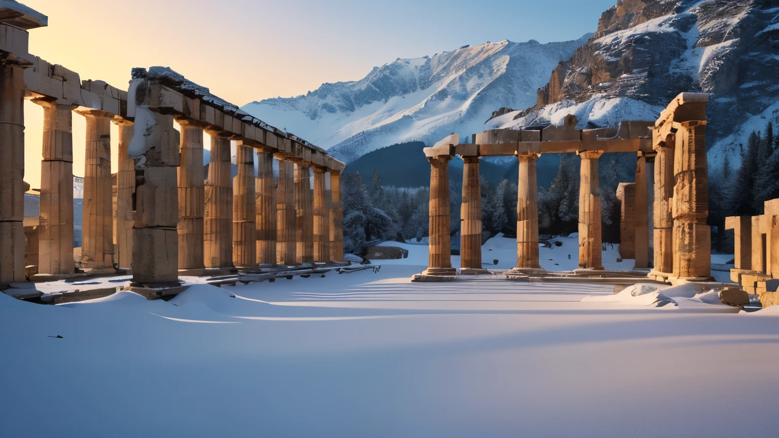 (Top-quality, wallpaper, ultra resolution 8k ), (Realistic, Photorealistic:1.4), Beautiful illustration, Ancient Greek ruins, olympus mount, Snow Scene