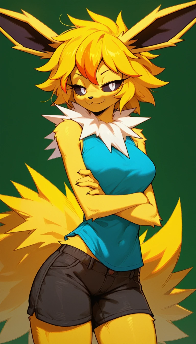 Seductive expression, 1girl, anthro, furry, fur, fluffy fur, jolteon girl, white neck tuft, yellow hair (Orange highlights), black sclera, white eyes, short hair, Messy hair, (19 years), medium breast, thicc thighs, solo, (green background), detailed, smug smile, blue sleeveless shirt, black shorts, half-closed eyes, score_9, score_8_up, score_7_up, score_6_up, score_5_up, score_4_up