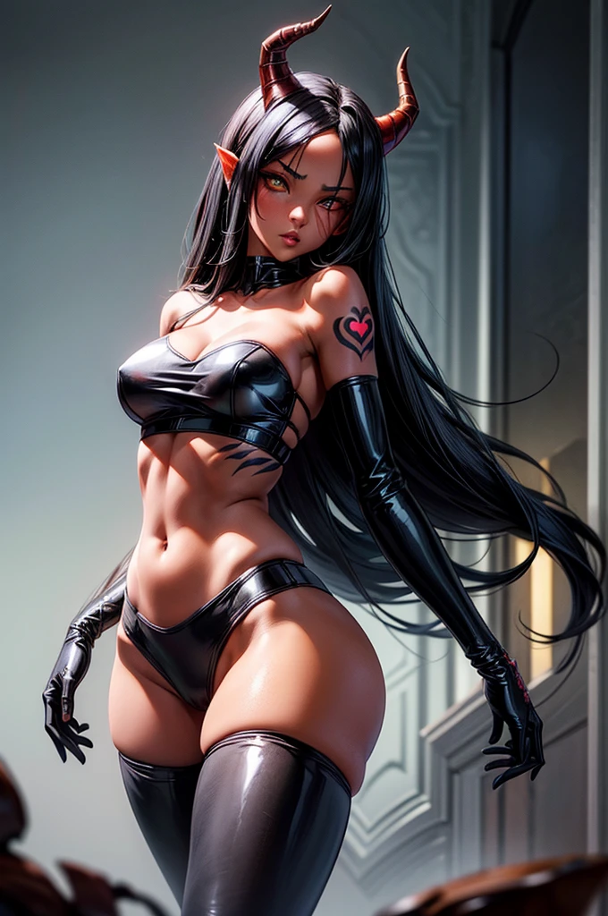 masterpiece, super detailed, high resolution, precision art, highly seductive anime girl. sexy and alluring, flawless red demonic skin, succubus, symmetrical face, beautiful olive eyes, flowing black hair, her very presence oozes seduction and allure, S-shaped body, black onyx colored horns jutting out her forehead, heart shaped tail protruding from her back, sexy and arousing slim body with enticing breasts, intricate and beautiful heart shaped tattoo engraved on her stomach, wearing crop-top and form-fitting leggings that accentuate her round ass, hip-level shot
