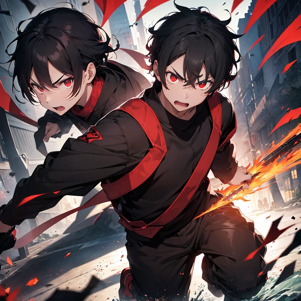 21 year old young man, angry appearance, in black and red ninja mask, Eyes red, blackw, wavy short hair, Caucasian skin, clothes worn out by time, a red sword on the back, 1,78 tall.