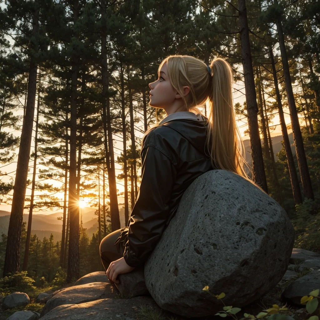 Blonde girl with ponytails looking at the sky in a forest sitting on a rock in a forest at sunset 