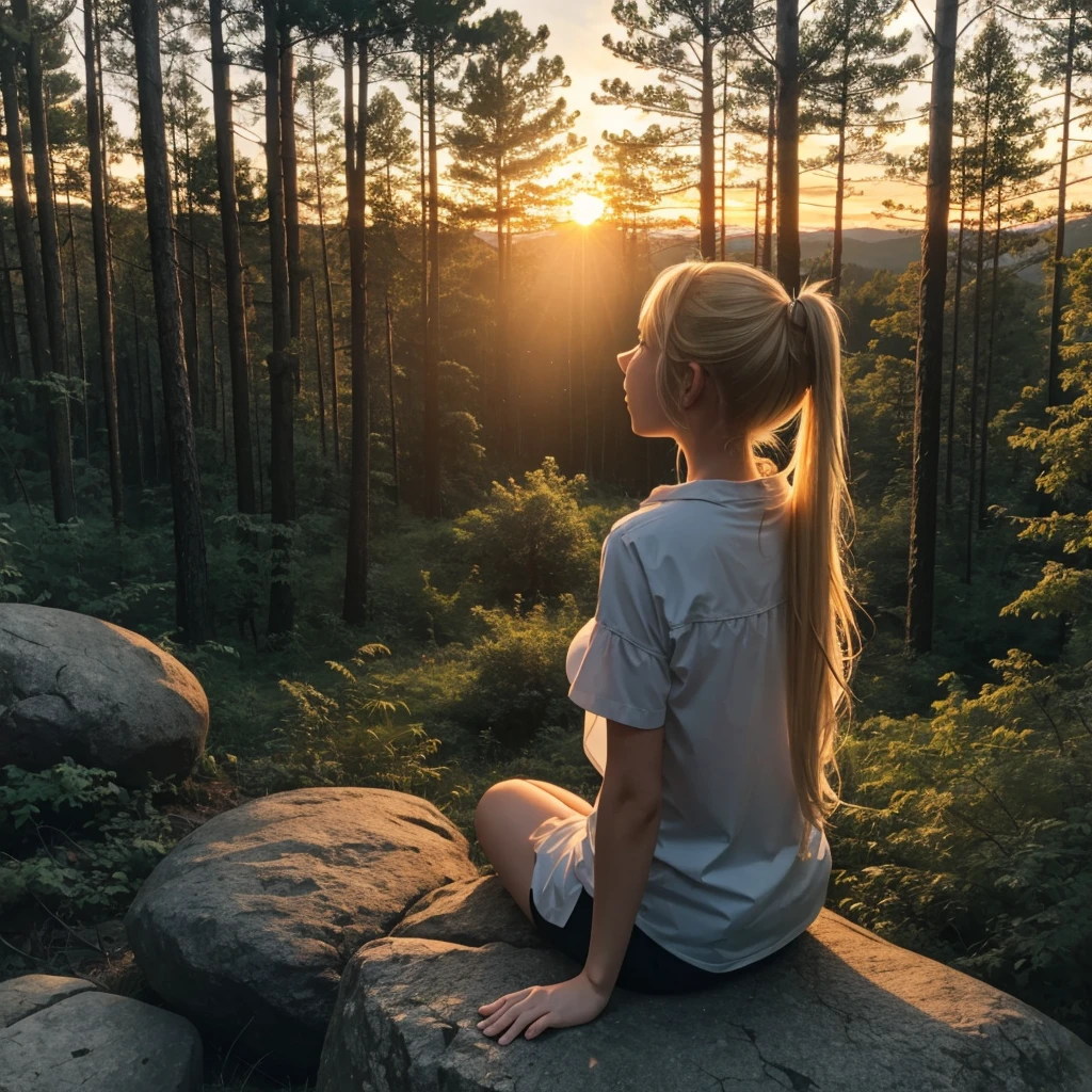 Blonde girl with ponytails looking at the sky in a forest sitting on a rock in a forest at sunset