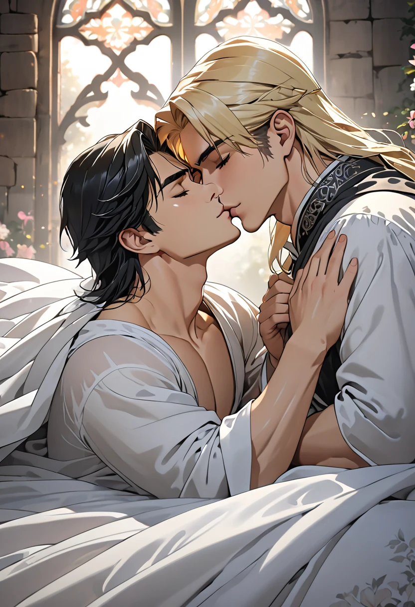 2 sexy males 25 year old, anime elves in a sensual pose medieval poster bed kissing under the sheer sheets, kissing each other, long blond/black hair, perfect intimate position, perfect composition, perfect hands and face, masterpiece, black/white color, UHD, 32k,