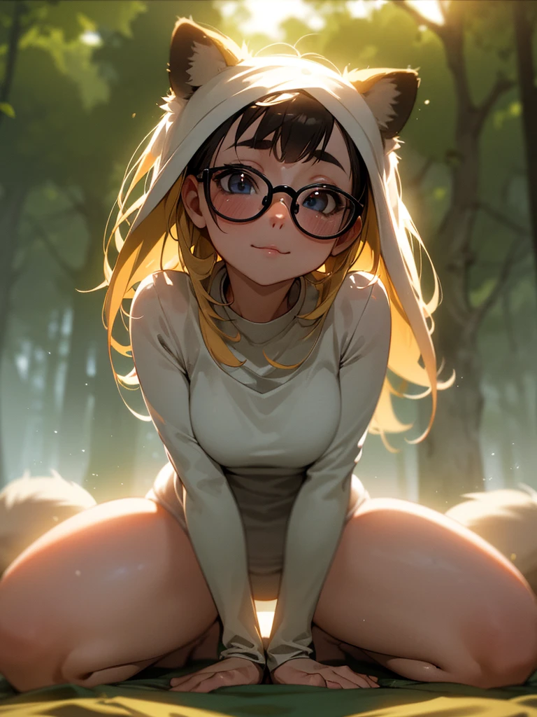 light-colored hair、hime-cut、poneyTail、Golden Eyes、eye glasses、parka、ssmile、 girl、Hands raised、((I can see very small breasts))、(Thin pubic hair)、grass field、((Spreading legs on the back))